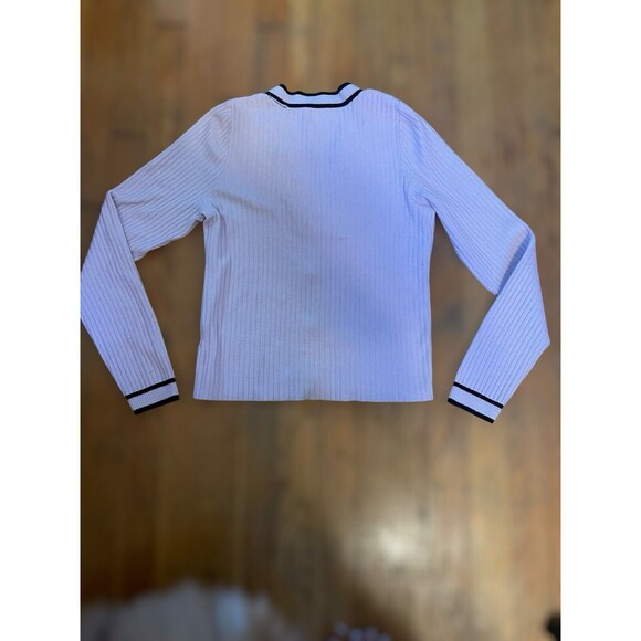 Express Pink Ribbed V-Neck Cardigan Black Trim Gold Buttons Classic Elegant Med - Picture 11 of 13